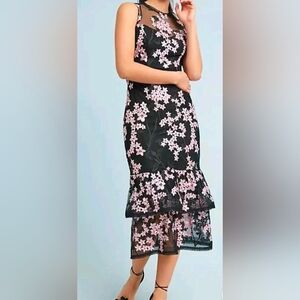 Shoshanna Midnight Black Lace & Pink Floral Pencil Midi Dress. Sz: 6, New w/Tag